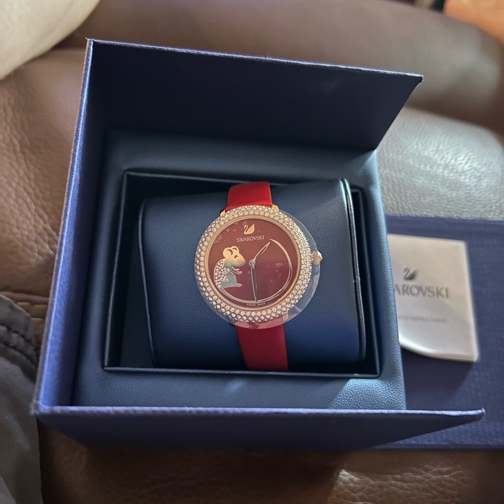 Swarovski Crystal Frost Red Dial Red Leather Strap Watch